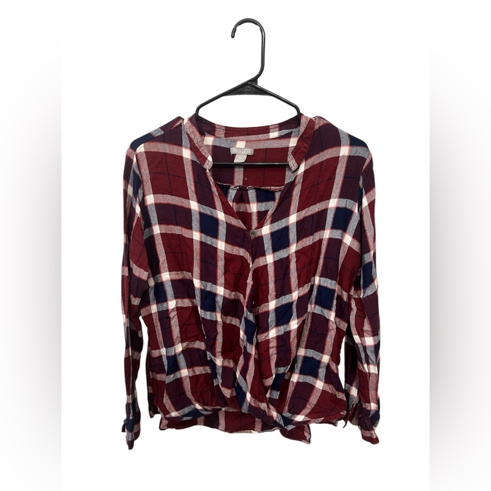 Falls Creek Burgundy‎ Plaid Button Front Flannel Top XL